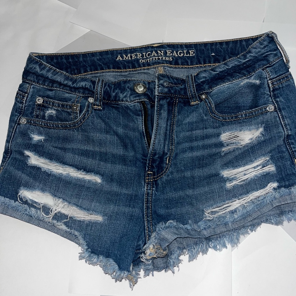 American Eagle Outfitters Low Rise Dark Wash Distressed Mini Shorts